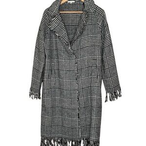 Willow & Clay Plaid Fringe Duster Coat M Black White Boho Minimalist Chic